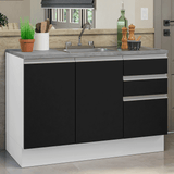 Gabinete Bajo para Fregadero con Accesorios de Cocina 120 x 60 cm 2 Puerta 3 Cajones (Con Encimera) Glamy Blanco/Negro