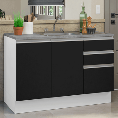 Gabinete Bajo para Fregadero con Accesorios de Cocina 120 cm 2 Puertas 3 Cajones Blanco/Negro Glamy Madesa