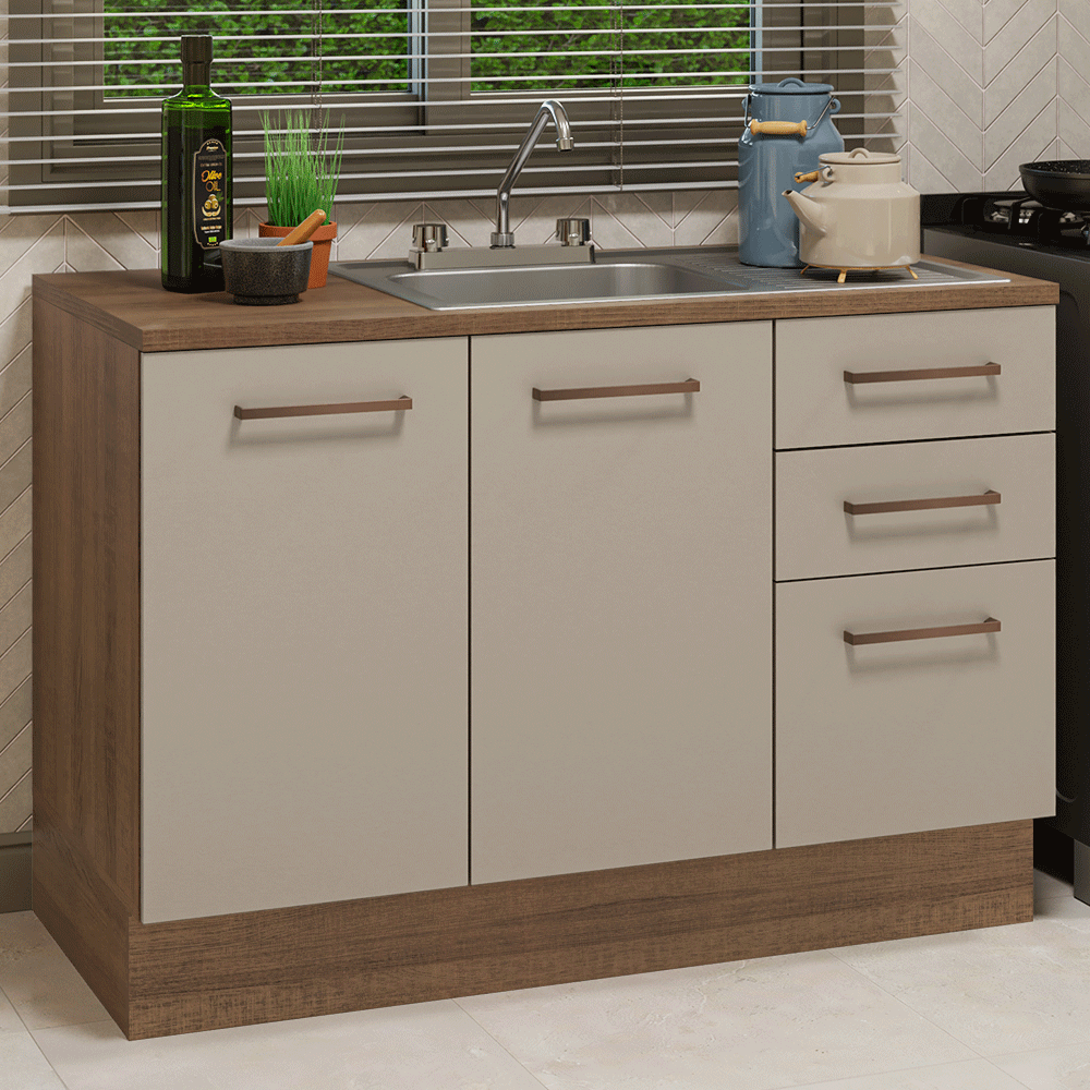Gabinete Bajo para Fregadero con Accesorios de Cocina 120 x 60 cm 2 Puertas 3 Cajones (Con Encimera) Agata Marrón/Crema