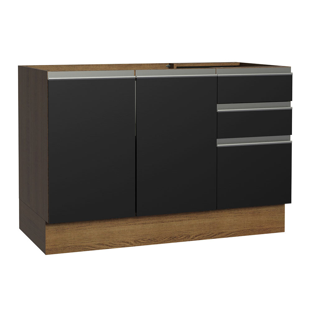 Gabinete Bajo para Tarja 120 x 60 cm 2 Puerta 3 Cajones (Sin Encimera) Glamy Marrón/Negro