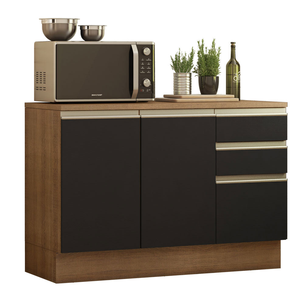 Gabinete Bajo para Tarja 120 x 60 cm 2 Puerta 3 Cajones (Con Encimera) Glamy Marrón/Negro