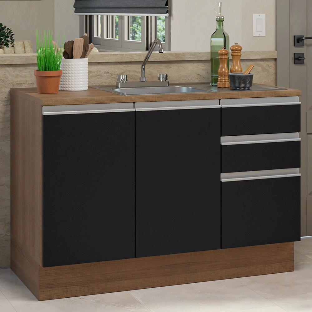 Gabinete Bajo para Fregadero con Accesorios de Cocina 120 cm 2 Puertas 3 Cajones Marrón/Negro Glamy Madesa