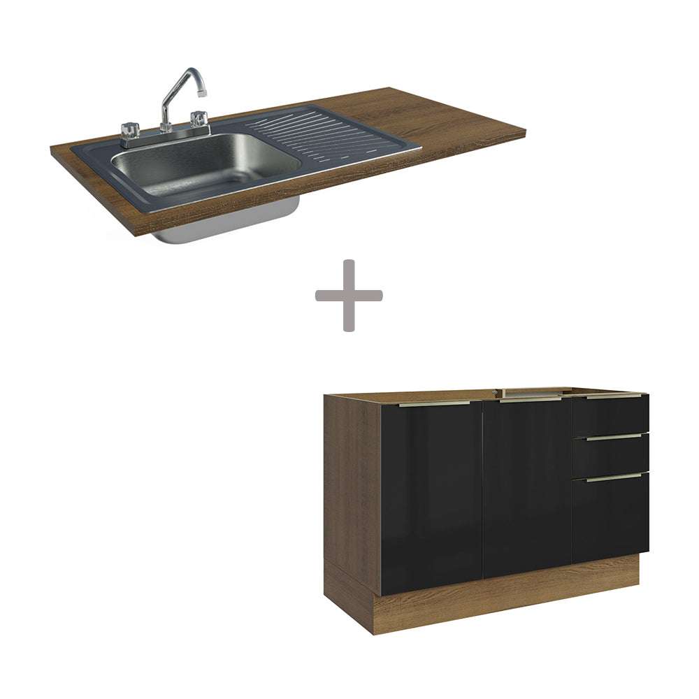 Gabinete Bajo para Fregadero con Accesorios de Cocina 120 cm 2 Puertas 3 Cajones Marrón/Negro Lux Madesa
