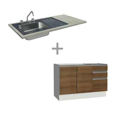Gabinete Bajo para Fregadero con Accesorios de Cocina 120 cm 2 Puertas 3 Cajones Blanco/Marrón Glamy Madesa
