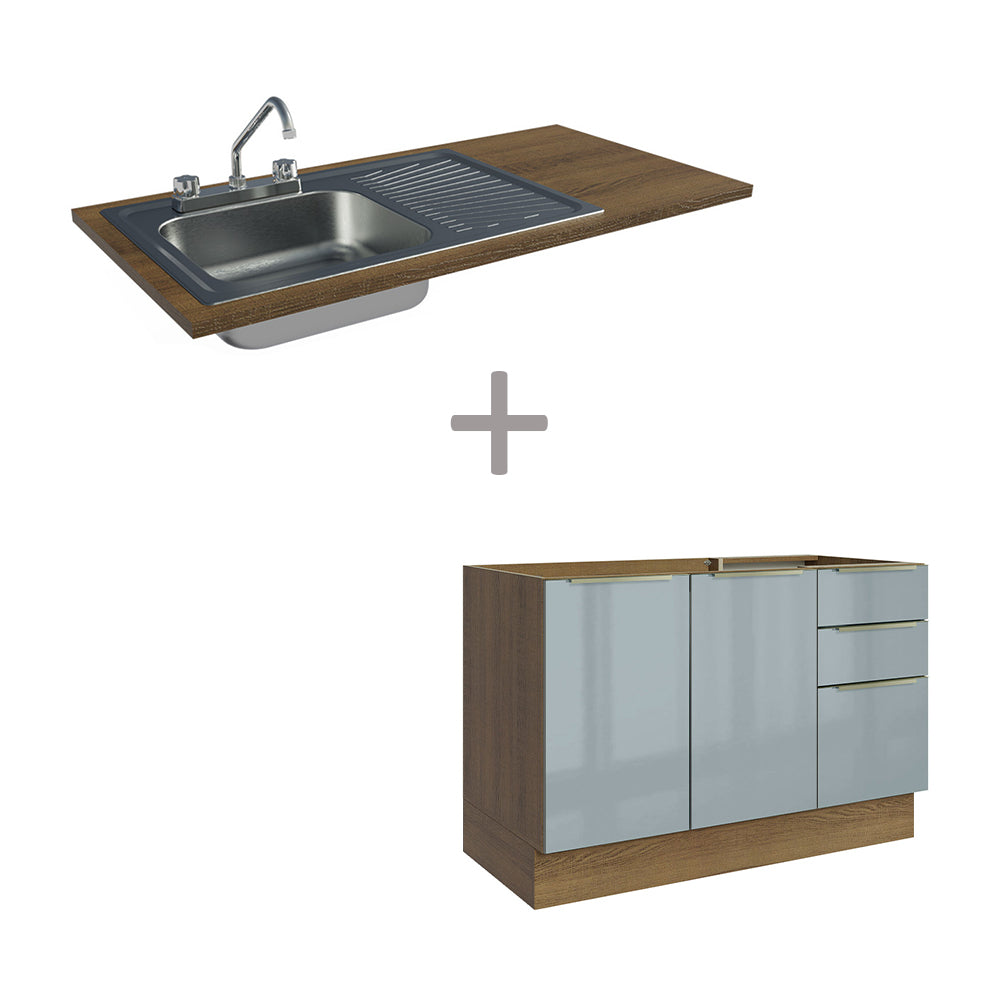 Gabinete Bajo para Fregadero con Accesorios de Cocina 120 cm 2 Puertas 3 Cajones Marrón/Gris Lux Madesa