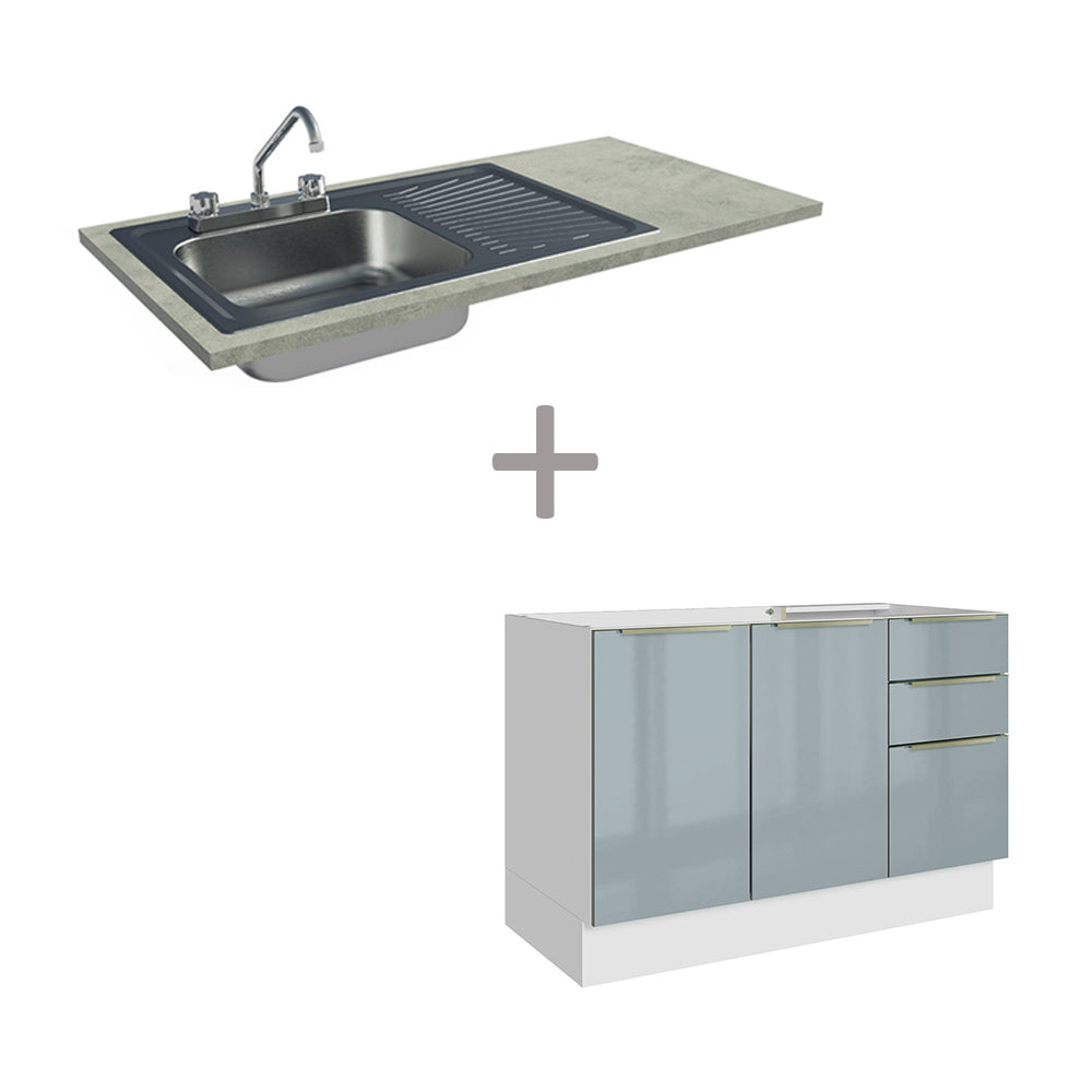 Gabinete Bajo para Fregadero con Accesorios de Cocina 120 cm 2 Puertas 3 Cajones Blanco/Gris Lux Madesa