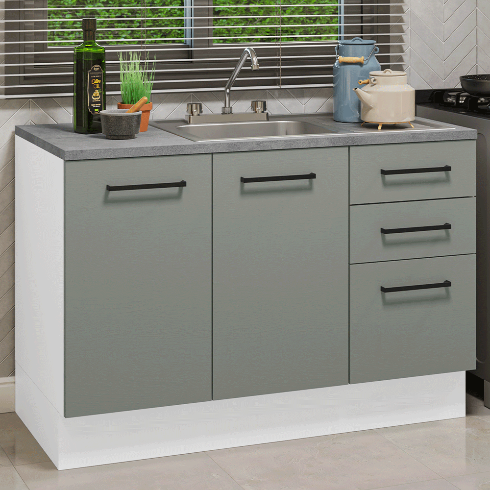 Gabinete Bajo para Fregadero con Accesorios de Cocina 120 cm 2 Puertas 3 Cajones Blanco/Gris Agata Madesa
