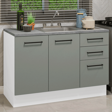 Gabinete Bajo para Fregadero con Accesorios de Cocina 120 cm 2 Puertas 3 Cajones Blanco/Gris Agata Madesa