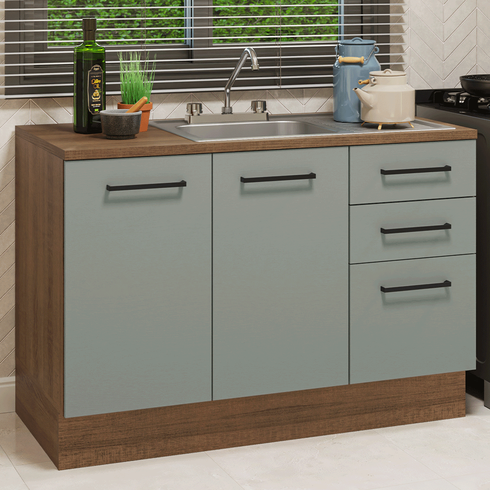 Gabinete Bajo para Fregadero con Accesorios de Cocina 120 cm 2 Puertas 3 Cajones Marrón/Gris Agata Madesa