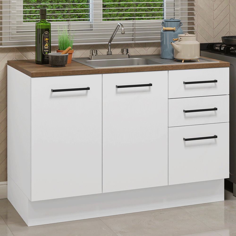 Mueble de Cocina con Fregadero 120 cm 2 Puertas y 3 Cajones Blanco/Marrón Agata