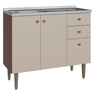 Gabinete Bajo 105 cm 3 Puertas 2 Cajones con Fregadero Marrón/Crema Gourmet Madesa