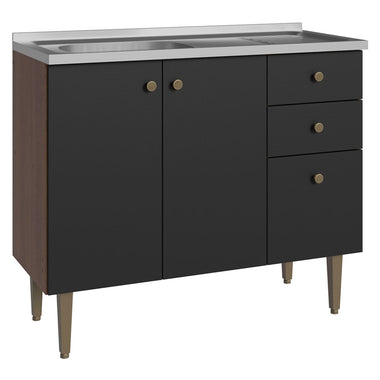Gabinete Bajo 150 cm 3 Puertas 2 Cajones con Fregadero Marrón/Negro Gourmet Madesa