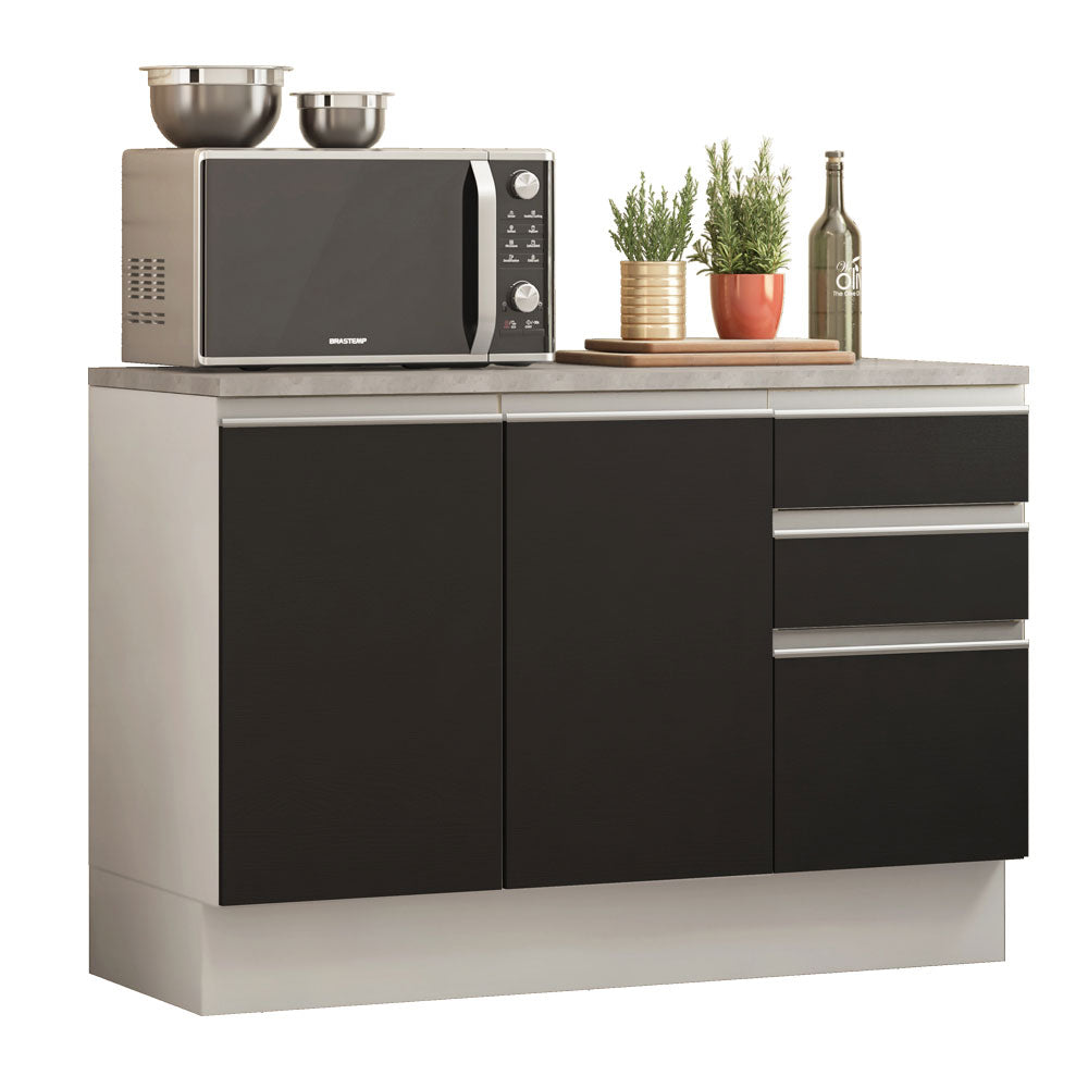Gabinete Bajo para Fregadero 120 cm 2 Puertas 3 Cajones (Con Encimera) Glamy Blanco/Negro