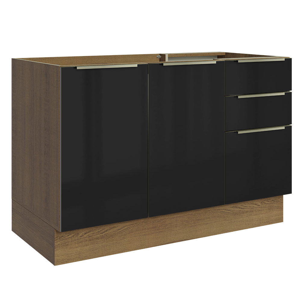 Gabinete Bajo para Fregadero 120 cm 2 Puertas 3 Cajones (Sin Encimera) Marrón/Negro Lux Madesa