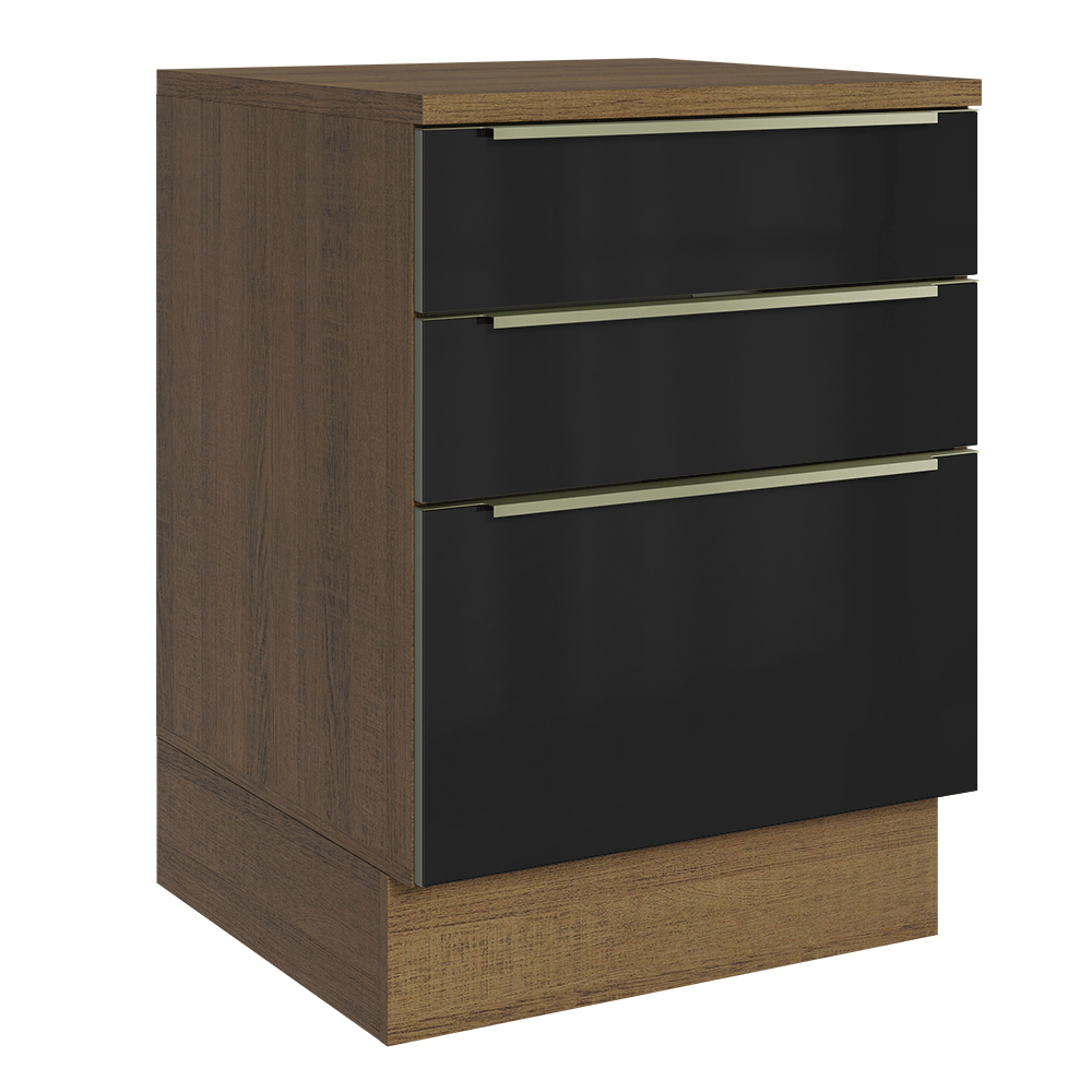 Gabinete Bajo de Cocina 60 cm 3 Cajones Marrón/Negro Lux Madesa