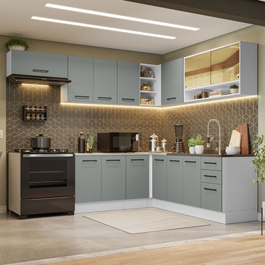 Cocina Integral de Esquina 486cm Blanco/Gris 60cm de Profundidad Agata 01