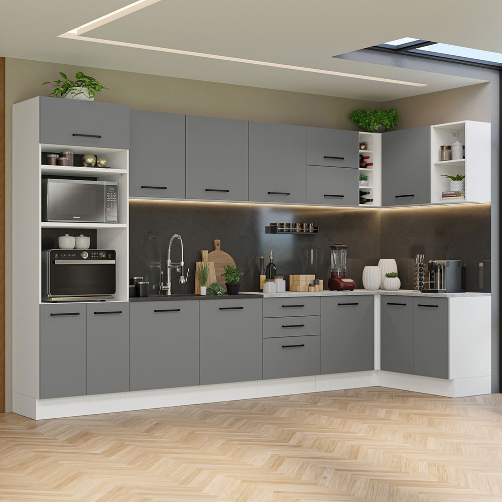 Cocina Integral Esquinera 479 x 52 cm 14 Puertas 3 Cajones Blanco/Gris Agata