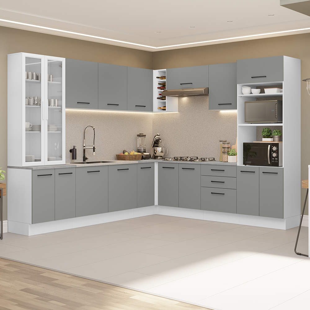 Cocina Integral Esquinera 549cm Blanco/Gris Agata 01