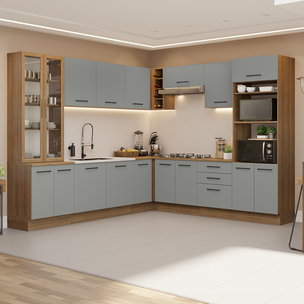 Cocina Integral Esquinera 549cm Marrón/Gris Agata 01
