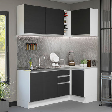 Cocina Integral Esquinera 269cm Blanco/Negro Glamy 01
