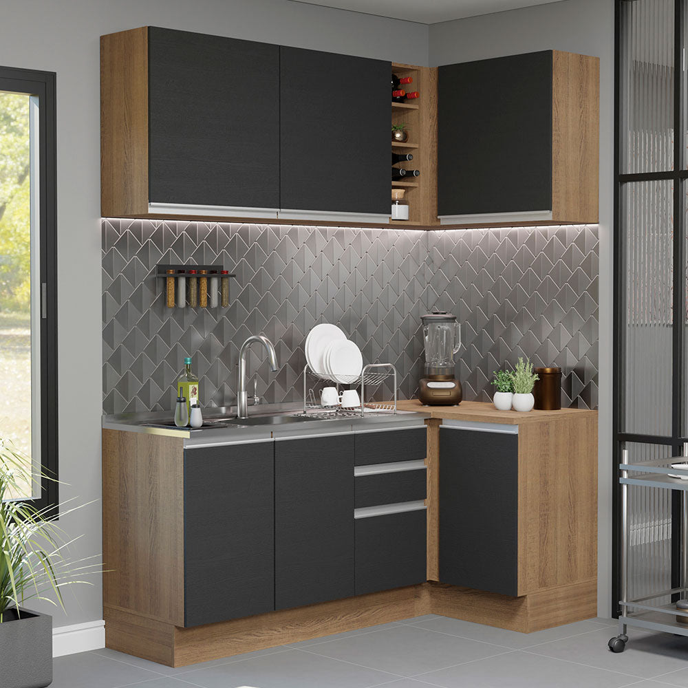Cocina Integral Esquinera 269cm Marrón/Negro Glamy 01