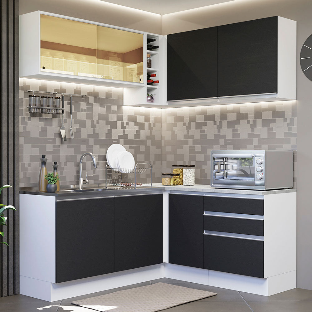 Cocina Integral Esquinera 329cm Blanco/Negro Glamy 02