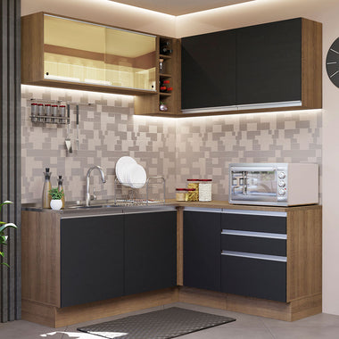 Cocina Integral Esquinera 329cm Marrón/Negro Glamy 02