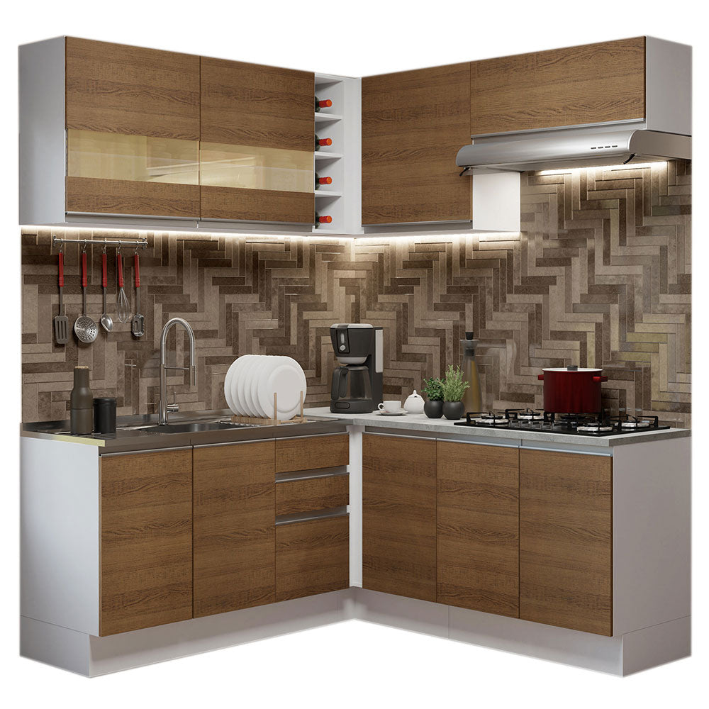 Cocina Integral Esquinera 349cm Blanco/Marrón Glamy 01