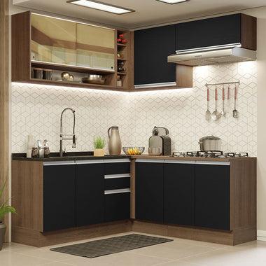 Cocina Integral Esquinera 349cm Marrón/Negro Glamy 02
