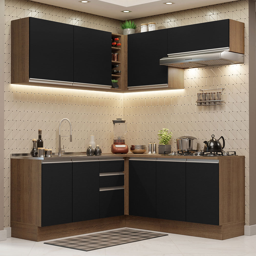 Cocina Integral Esquinera 349cm Marrón/Negro Glamy 03