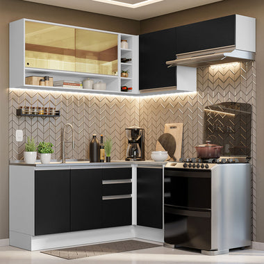 Cocina Integral Esquinera 349cm Blanco/Negro Glamy 06