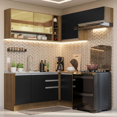 Cocina Integral Esquinera 349cm Marrón/Negro Glamy 06