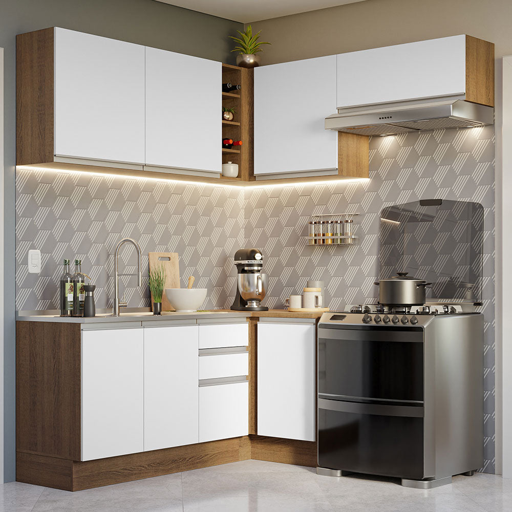 Cocina Integral Esquinera 349cm Marrón/Blanco Glamy 07