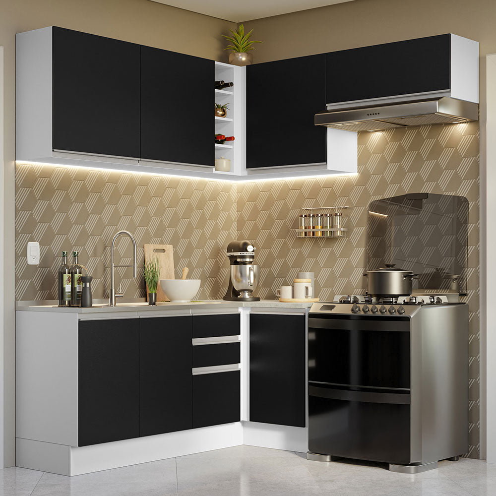 Cocina Integral Esquinera 349cm Blanco/Negro Glamy 07