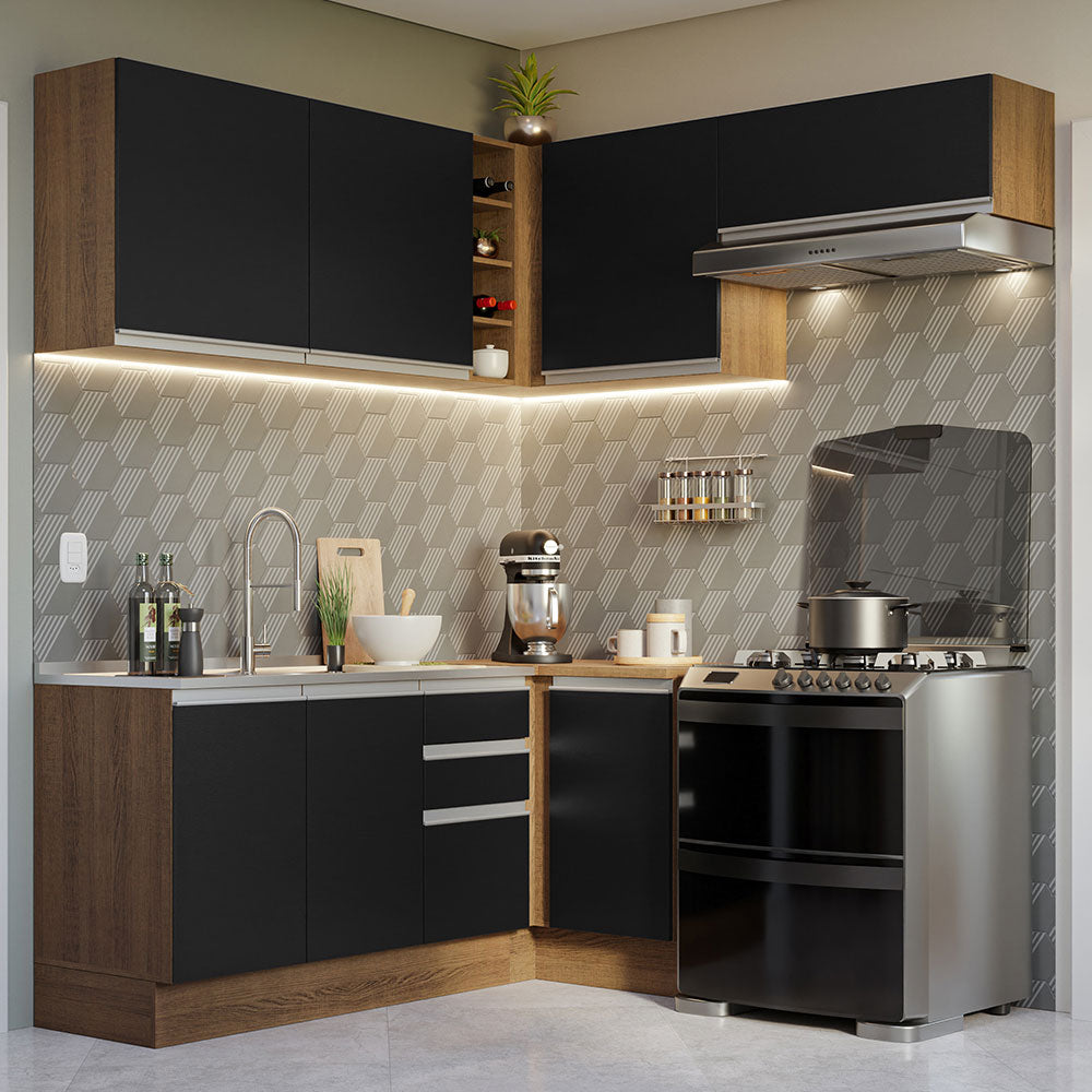 Cocina Integral Esquinera 349cm Marrón/Negro Glamy 07