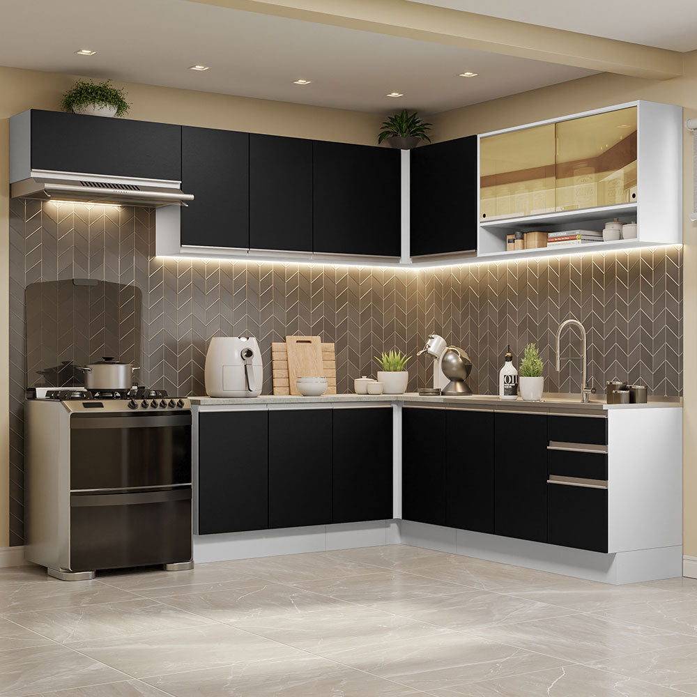 Cocina Integral Esquinera 469cm Blanco/Negro Glamy 01