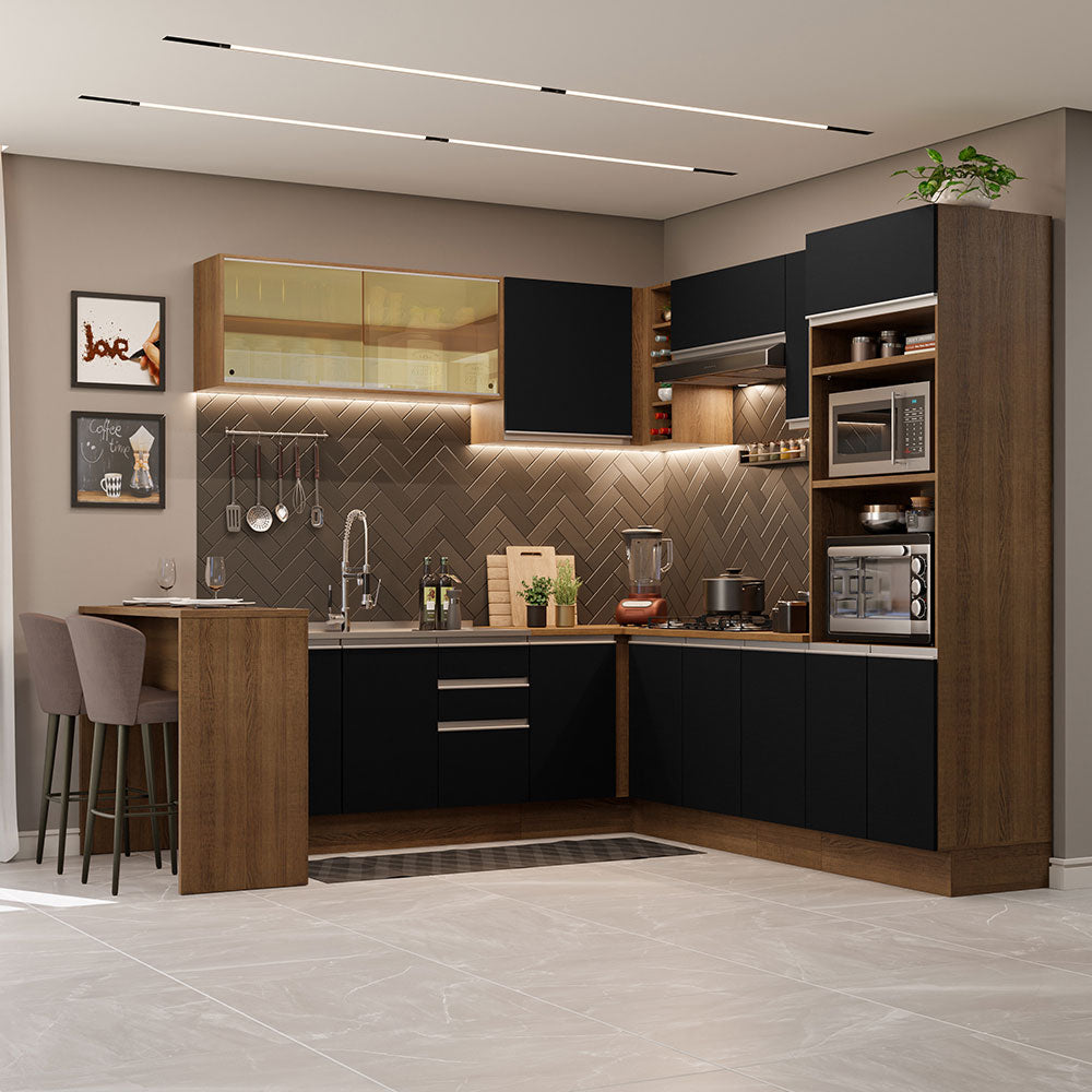 Cocina Integral Esquinera 504cm Marrón/Negro Glamy 01