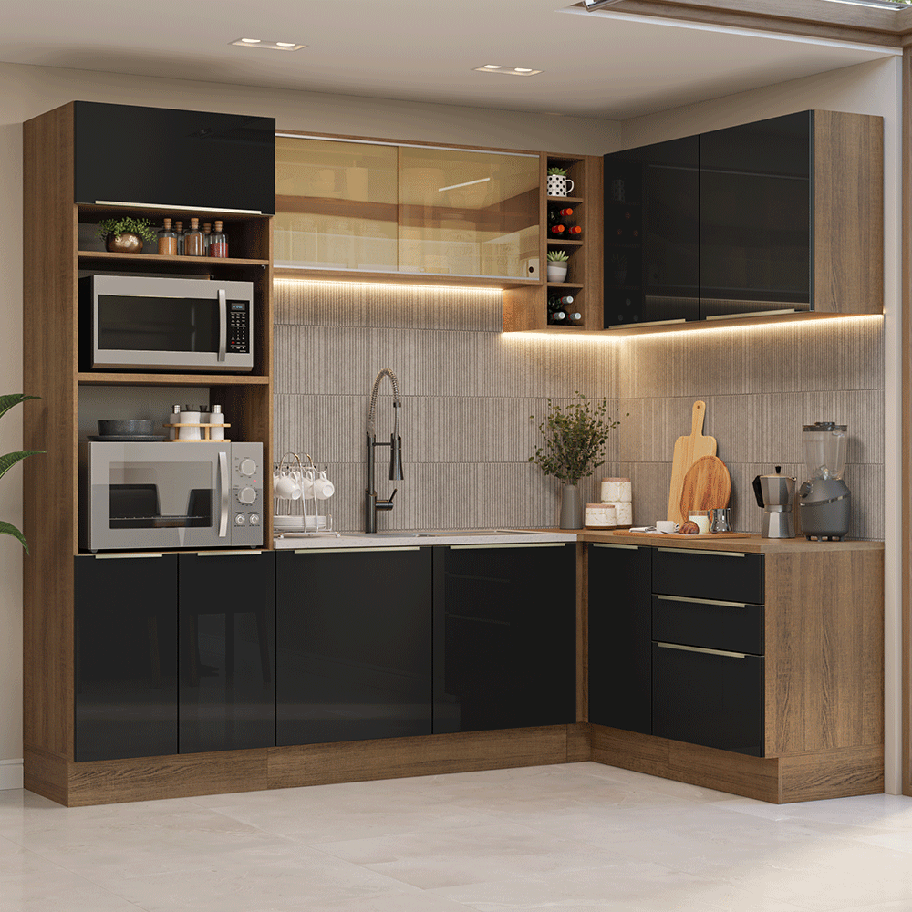Cocina Integral Esquinera 399 cm Marrón/Negro Lux Madesa 01