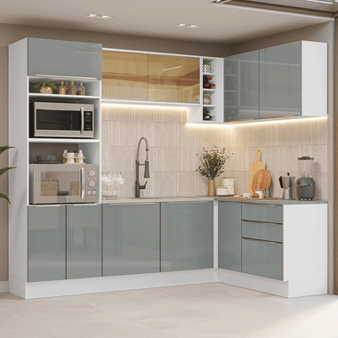 Cocina Integral Esquinera 399 cm Blanco/Gris Lux Madesa 01