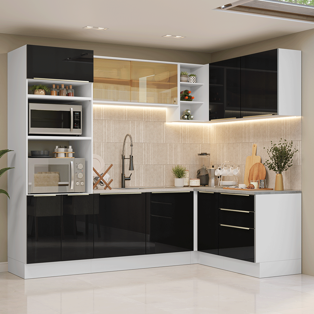 Cocina Integrale Esquinera 416 x 60 cm Blanco/Negro Lux Madesa 01