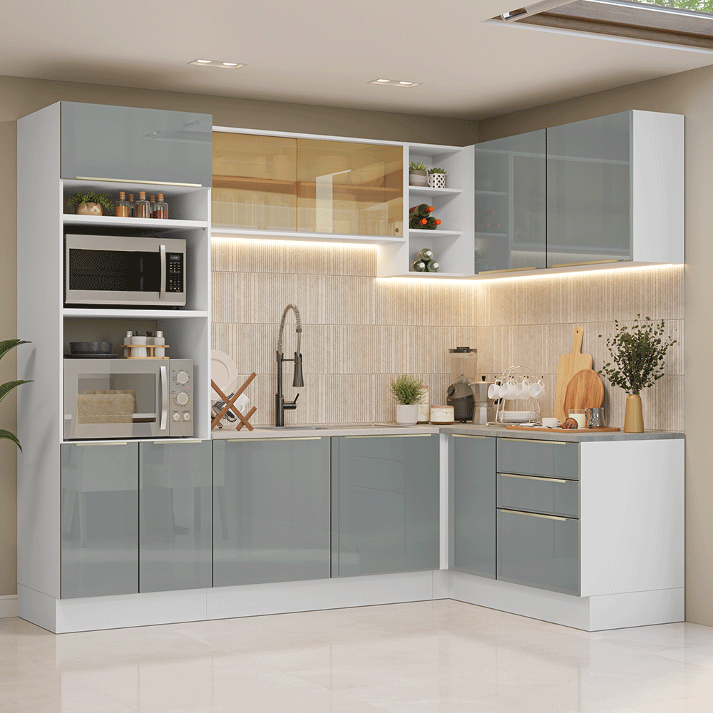 Cocina Integrale Esquinera 416 x 60 cm Blanco/Gris Lux Madesa 01