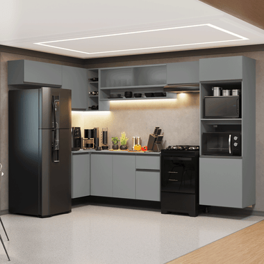 Cocina Integral Esquinera Flotante 465 cm Con Mueble para Horno Gris Nice Madesa
