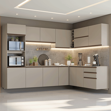 Cocina Integral Esquinera Flotante 465 cm Con Mueble para Horno Crema Nice Madesa