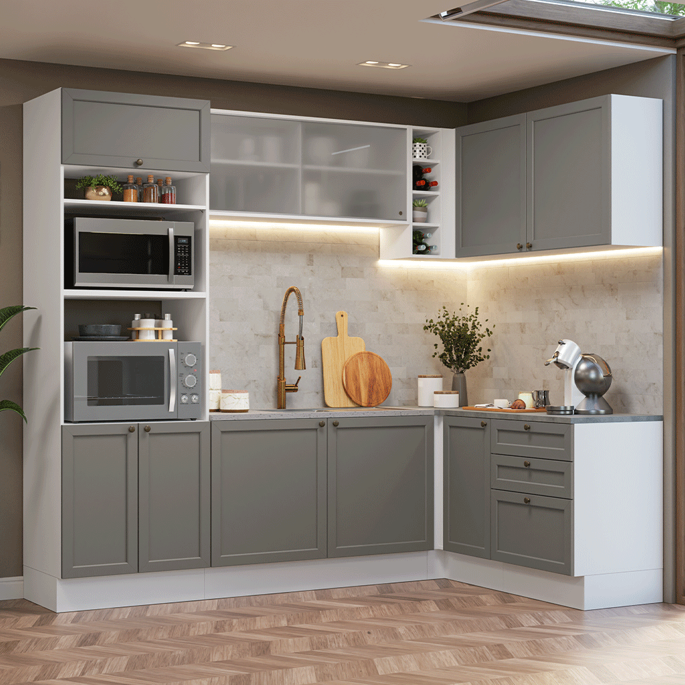 Cocina Integral Esquinera 399 cm Blanco/Gris Vik Madesa 01