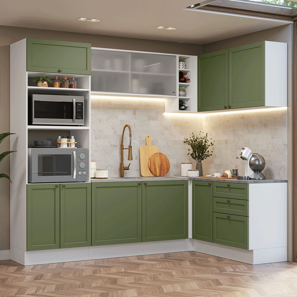 Cocina Integral Esquinera 399 cm Blanco/Verde Vik Madesa 01