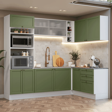Cocina Integral Esquinera 399 cm Blanco/Verde Vik Madesa 01