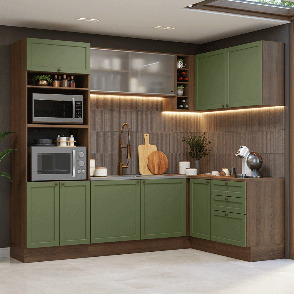 Cocina Integral Esquinera 399 cm Marrón/Verde Vik Madesa 01