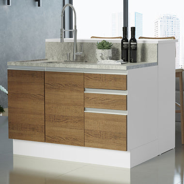 Isla de Cocina 120 cm 2 Puertas 3 Cajones Sin Encimera Blanco/Marrón Glamy Madesa