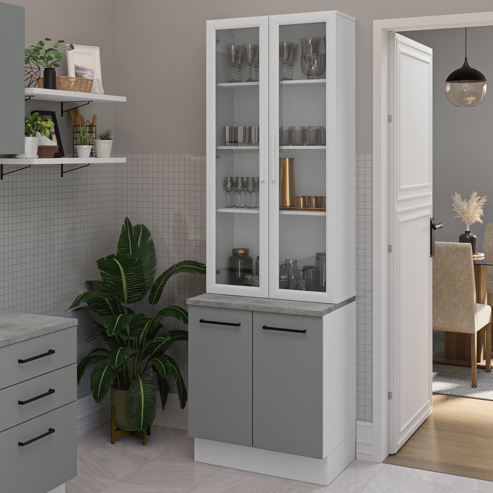 Kit Gabinete Bajo 2 Puertas y Vitrina 70 cm Blanco/Gris Agata Madesa