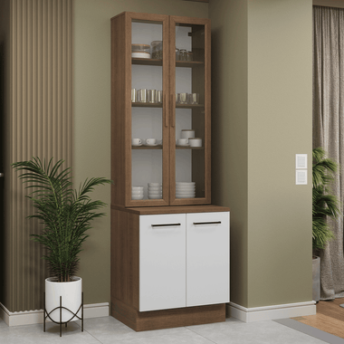 Kit Gabinete Bajo 2 Puertas y Vitrina 70 cm Marrón/Blanco Agata Madesa